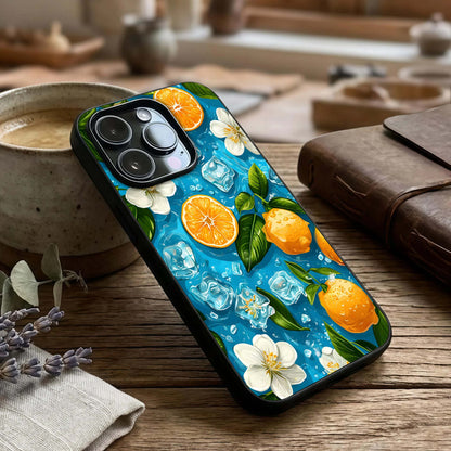 Ice Cube With Orange Glass Case captured at a warm angle highlighting cool contrast, gloss, and edge clarity.