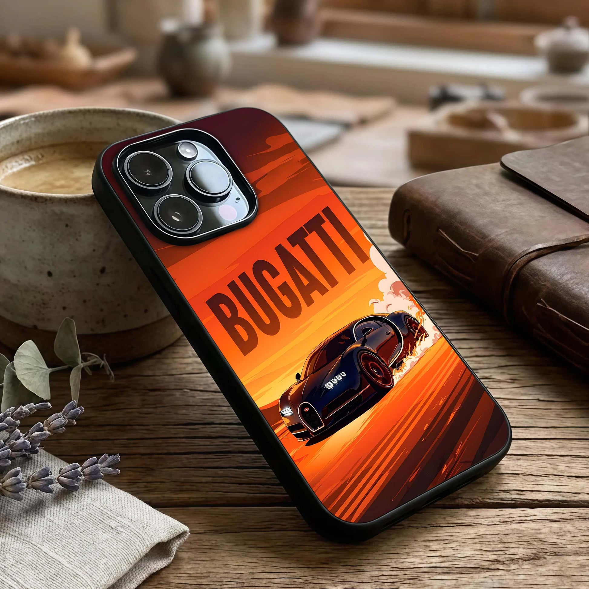 Inferno Bugatti Storm Glass Case captured at a warm angle highlighting aggressive motion, gloss, and edge clarity.