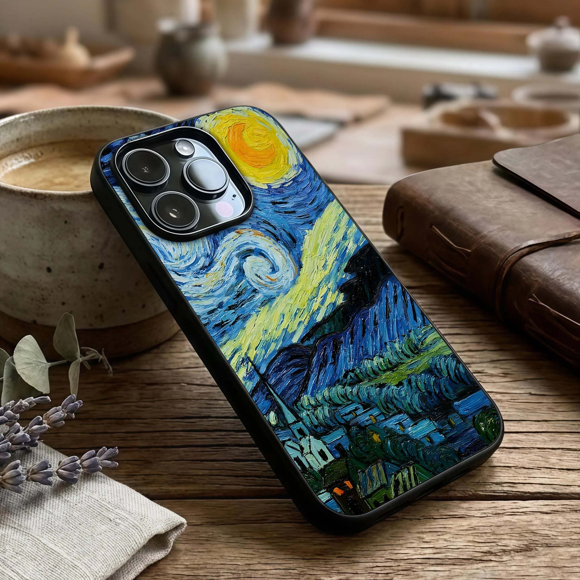 Inspired Van Gogh Art Glass Case captured at a warm angle highlighting painterly textures, gloss, and edge clarity.