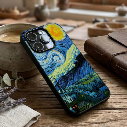 Inspired Van Gogh Art Glass Case captured at a warm angle highlighting painterly textures, gloss, and edge clarity.