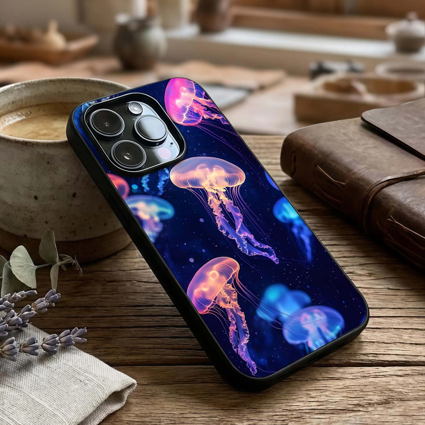 Jellyfish Pattern Glass Case captured at a warm angle highlighting translucent forms, gloss, and edge clarity.