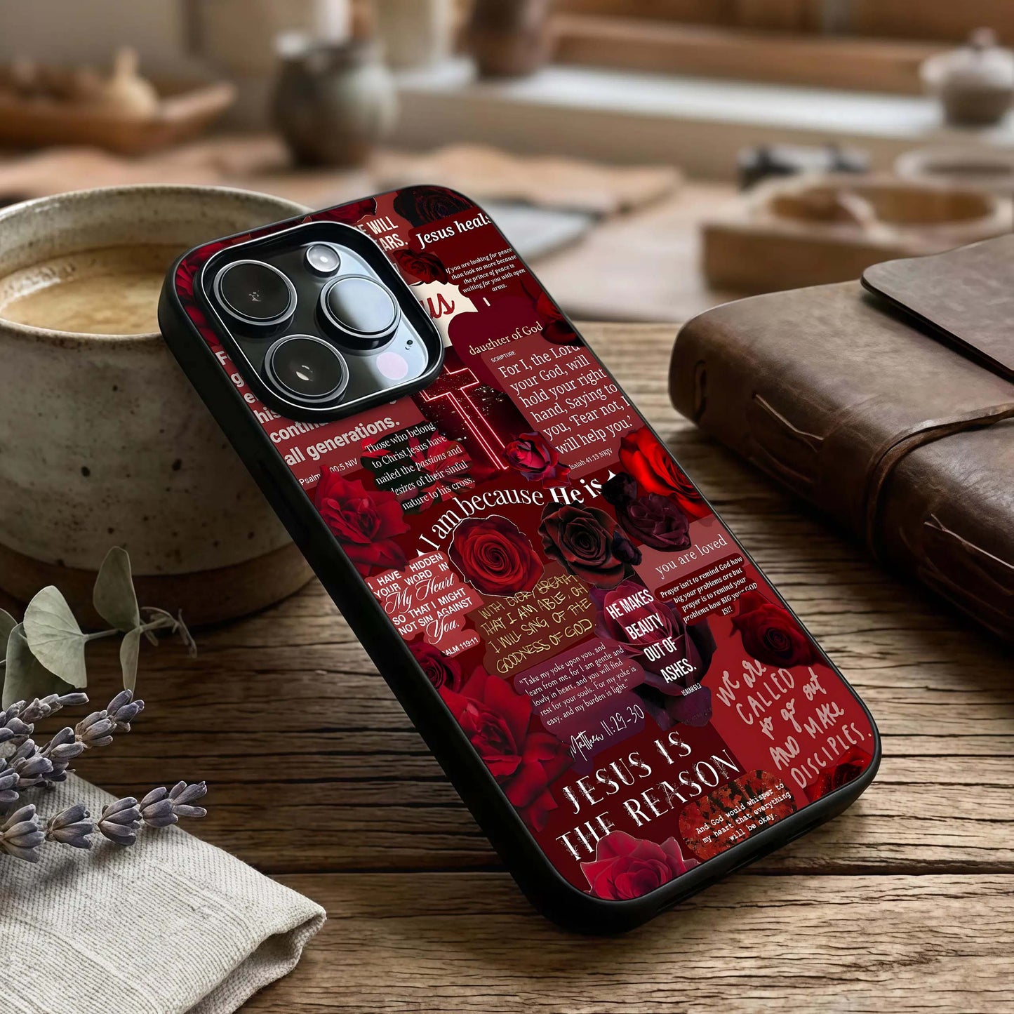 Jesus Love Heals Glass Case captured at a warm angle highlighting gentle tones, gloss, and edge clarity.