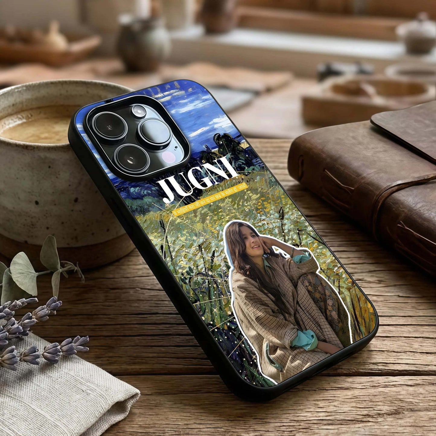 Jugni Soul Vibes Glass Case captured at a warm angle highlighting expressive tones, gloss, and edge clarity.