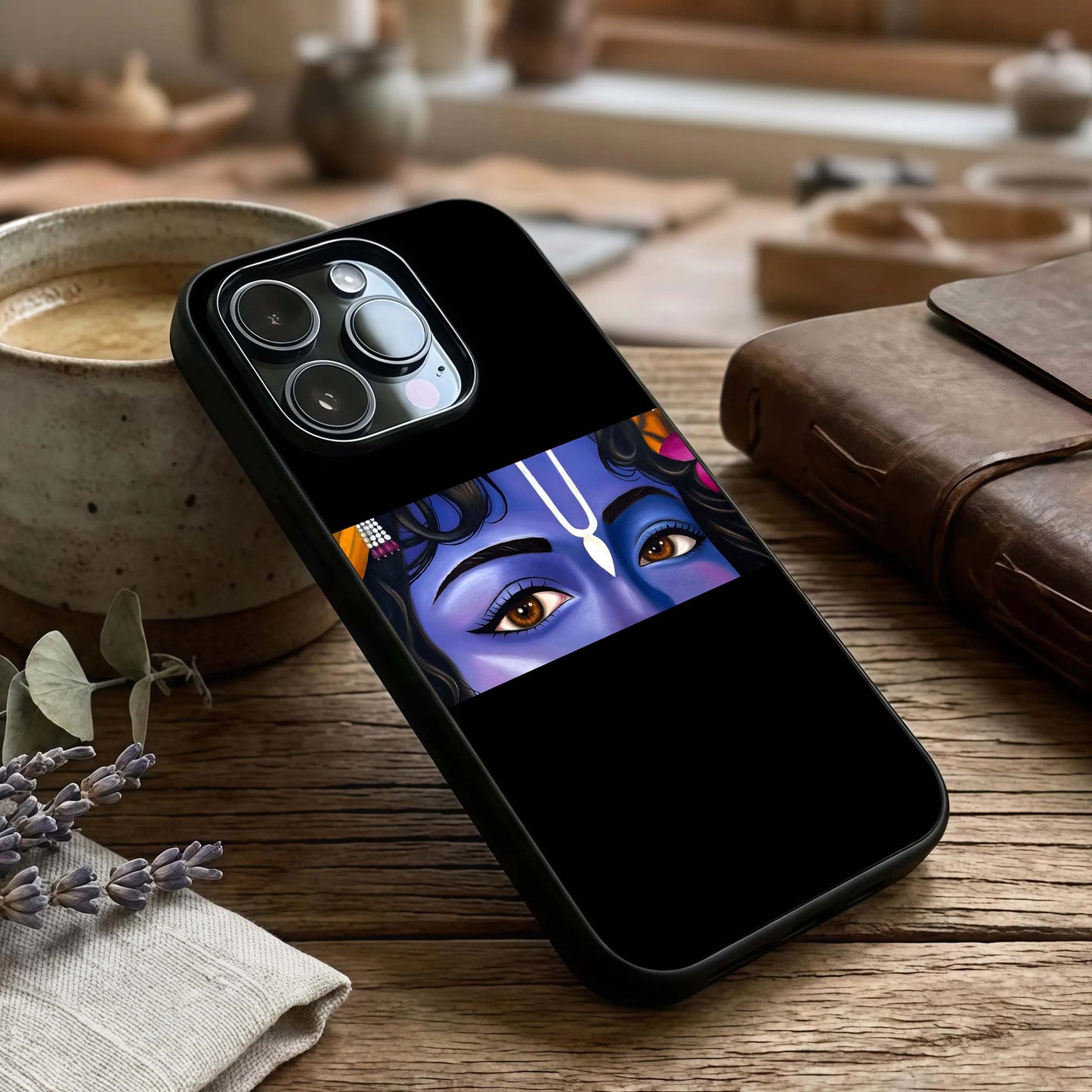Krishna Eye Glass Case captured at a warm angle highlighting sacred detailing, gloss, and edge clarity.