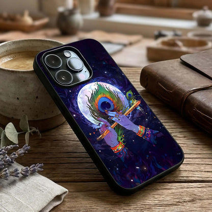 Krishna Hands Art Glass Case captured at a warm angle highlighting artistic detail, gloss, and edge clarity.