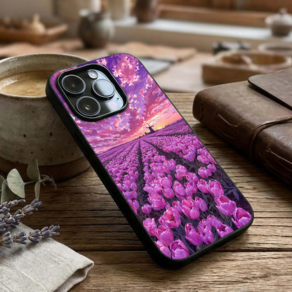 Lavender Dream Skies Glass Case captured at a warm angle highlighting pastel tones, gloss, and edge clarity.