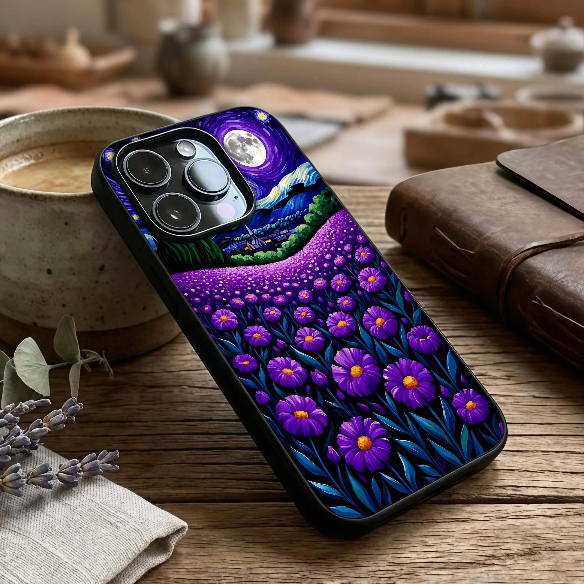 Lavender Moon Field Glass Case captured at a warm angle highlighting soft lunar tones, gloss, and edge clarity.