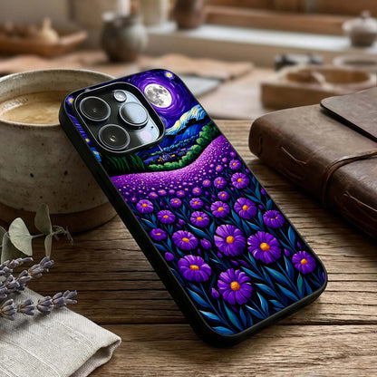 Lavender Moon Field Glass Case captured at a warm angle highlighting soft lunar tones, gloss, and edge clarity.