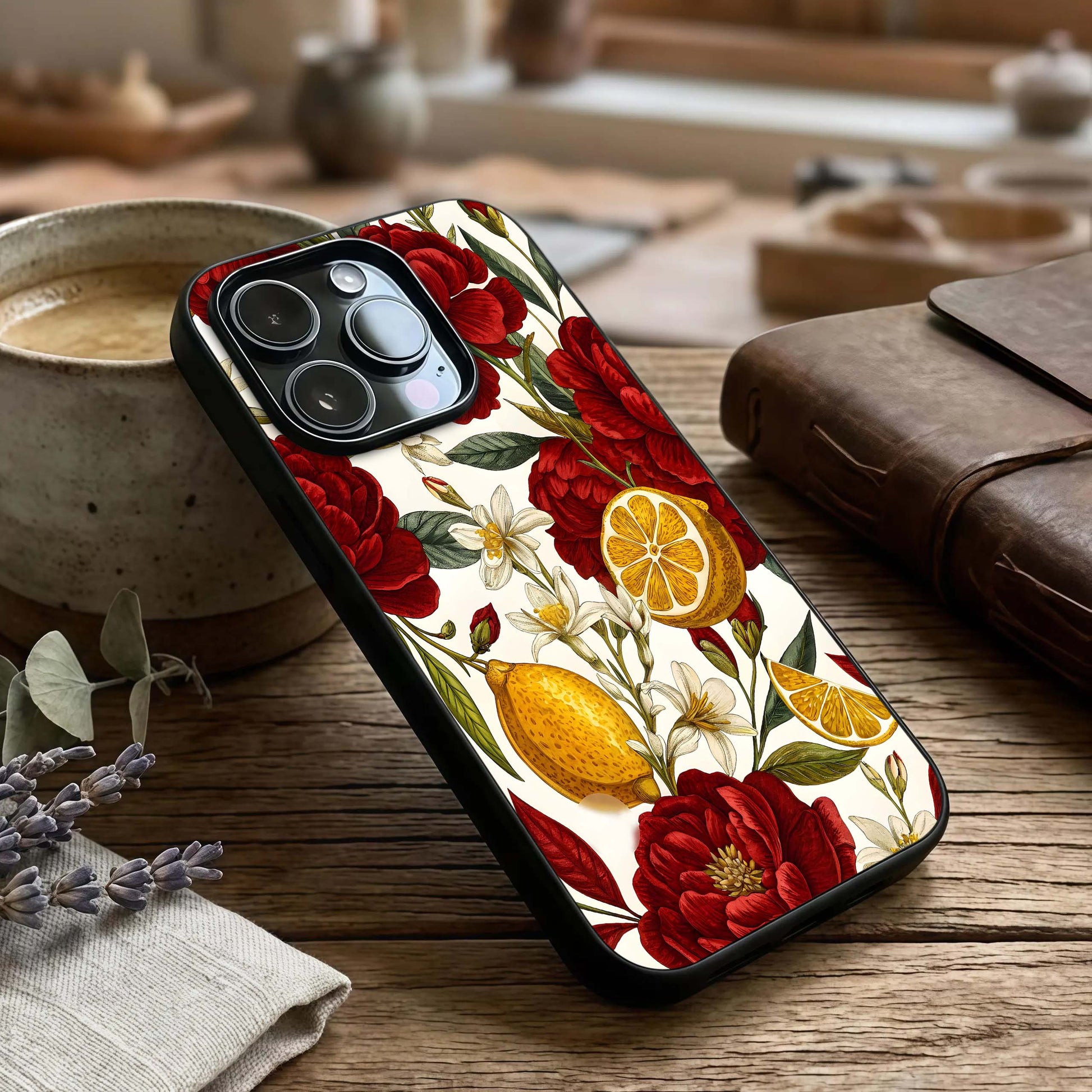 Lemon Rose Charm Glass Case captured at a warm angle highlighting fresh tones, gloss, and edge clarity.