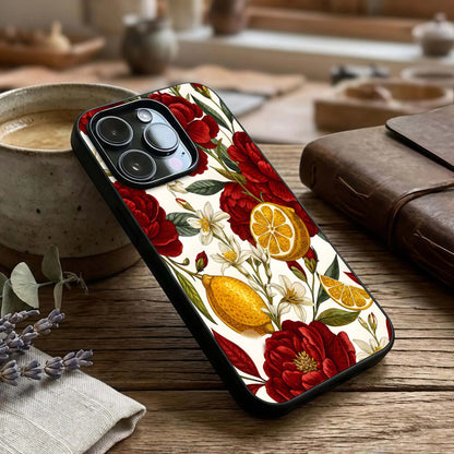 Lemon Rose Charm Glass Case captured at a warm angle highlighting fresh tones, gloss, and edge clarity.