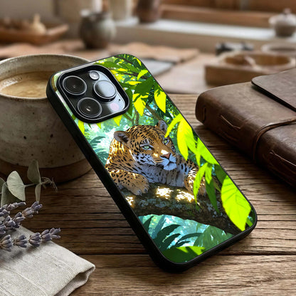 Leopard in Jungle Glass Case captured at a warm angle highlighting bold textures, gloss, and edge clarity.