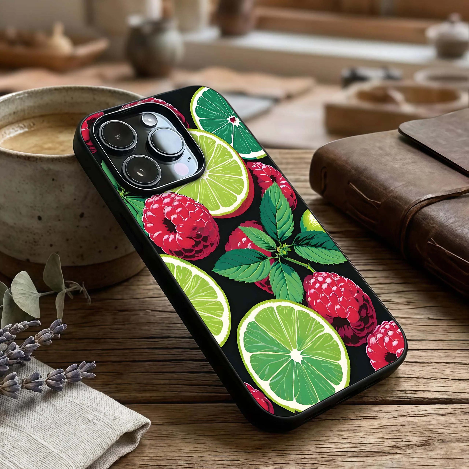 Lime and Raspberry Pattern Glass Case captured at a warm angle highlighting bold colors, gloss, and edge clarity.