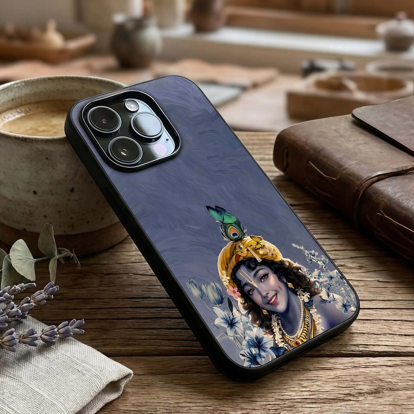 Lord Krishna Glass Case captured at a warm angle highlighting sacred details, gloss, and edge clarity.