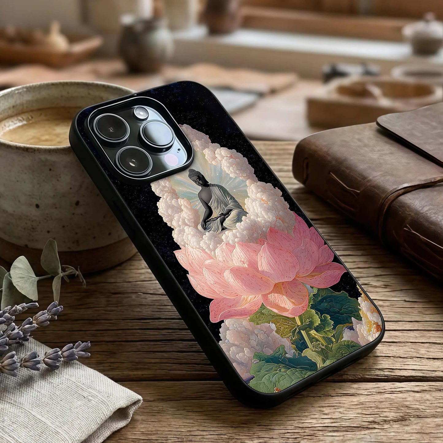 Lotus Divine Peace Glass Case captured at a warm angle highlighting calm petals, gloss, and edge clarity.