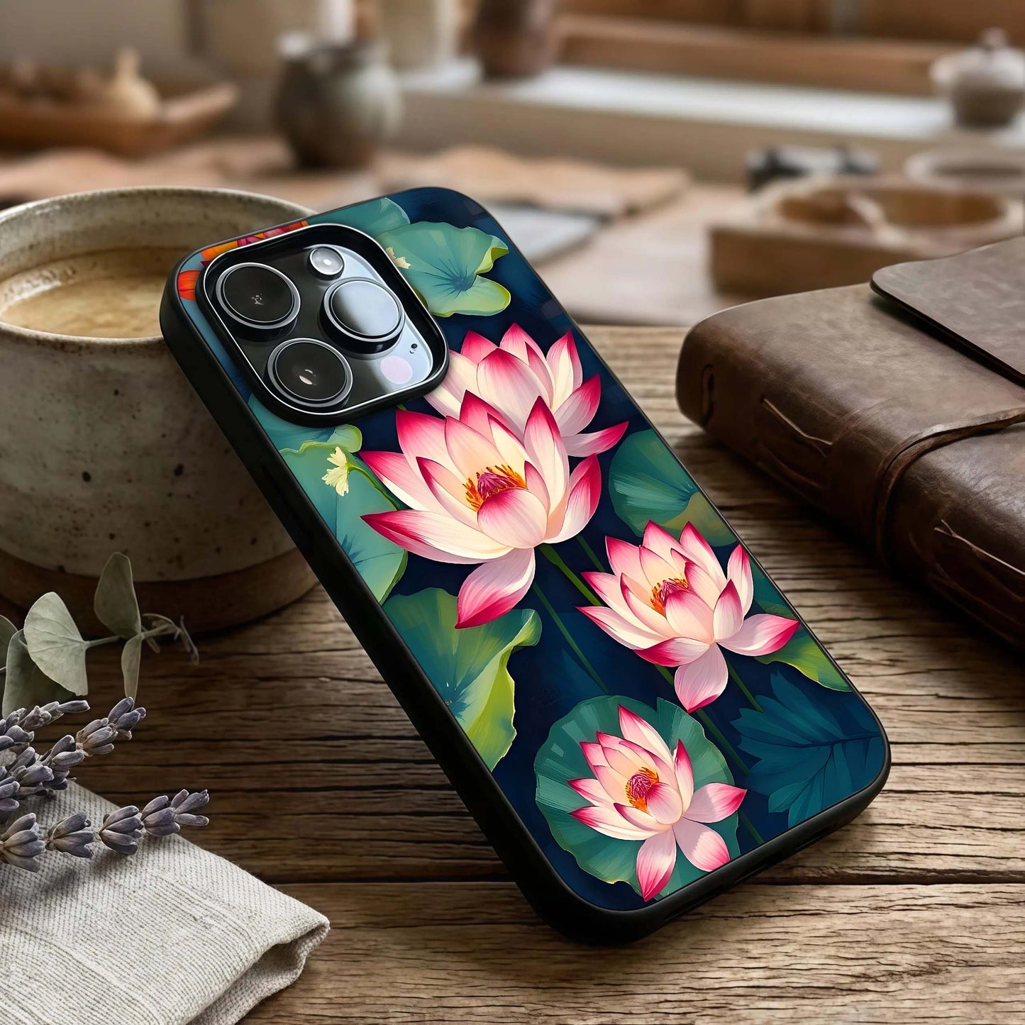 Lotus Dream Serenity Glass Case captured at a warm angle highlighting soft hues, gloss, and edge clarity.