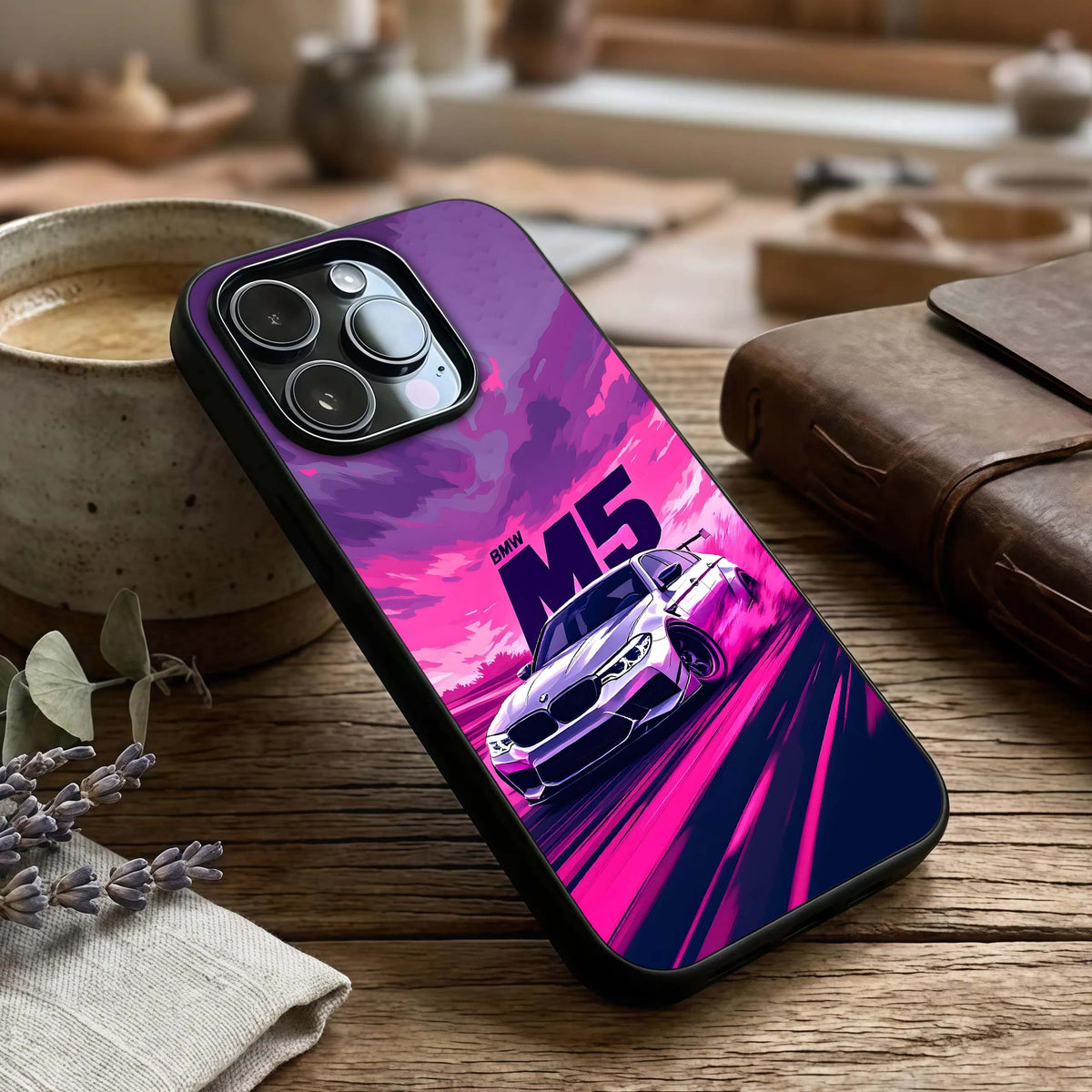 MS Neon Car Glass Case captured at a warm angle highlighting glowing accents, gloss, and edge clarity.