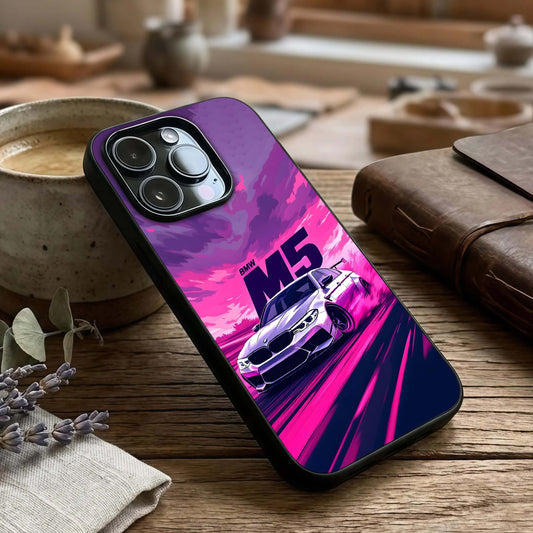 MS Neon Car Glass Case captured at a warm angle highlighting glowing accents, gloss, and edge clarity.