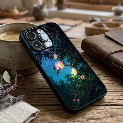 Midnight Bloom Glow Glass Case captured at a warm angle highlighting dark contrasts, gloss, and edge clarity.