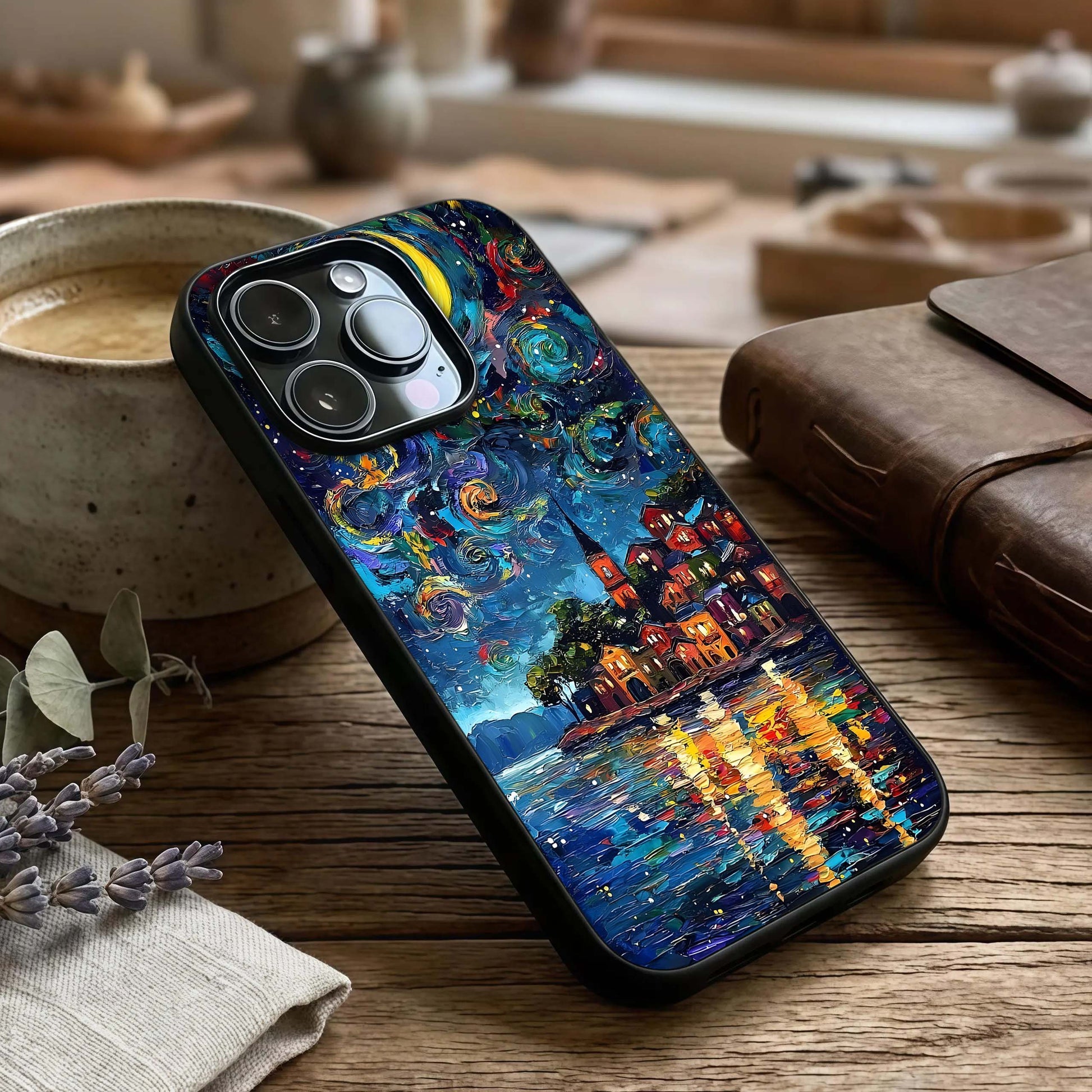 Moonlight Harbor Glow Glass Case captured at a warm angle highlighting reflective waters, gloss, and edge clarity.