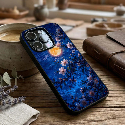 Moonlit Blossoms Night Glass Case captured at a warm angle highlighting soft night tones, gloss, and edge clarity.