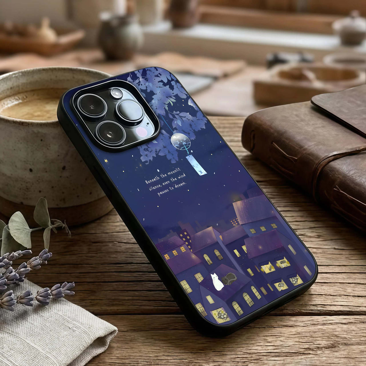 Moonlit Cat Silence Glass Case captured at a warm angle highlighting subtle details, gloss, and edge clarity.