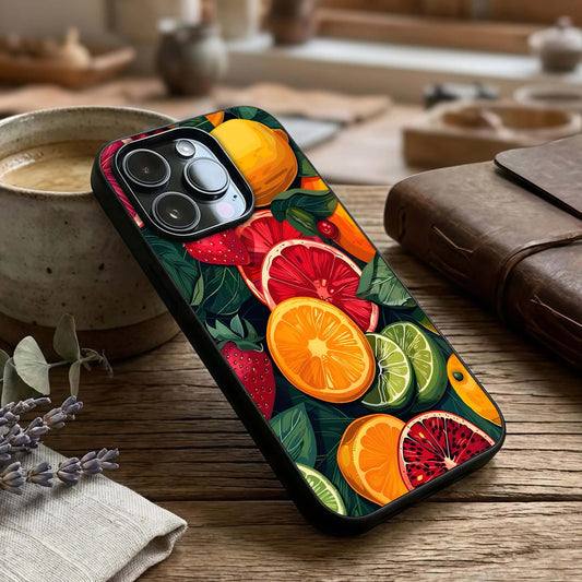 Multiple Fruits Glass Case captured at a warm angle highlighting vibrant tones, gloss, and edge clarity.