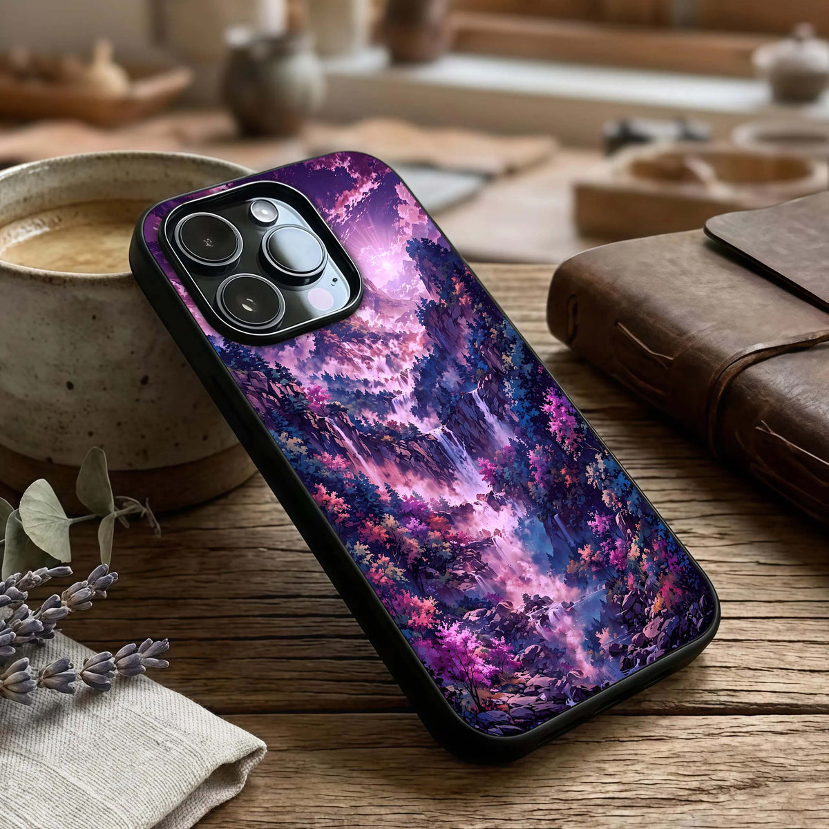 Mystic Cascade Peaks Glass Case captured at a warm angle highlighting layered terrain, gloss, and edge clarity.