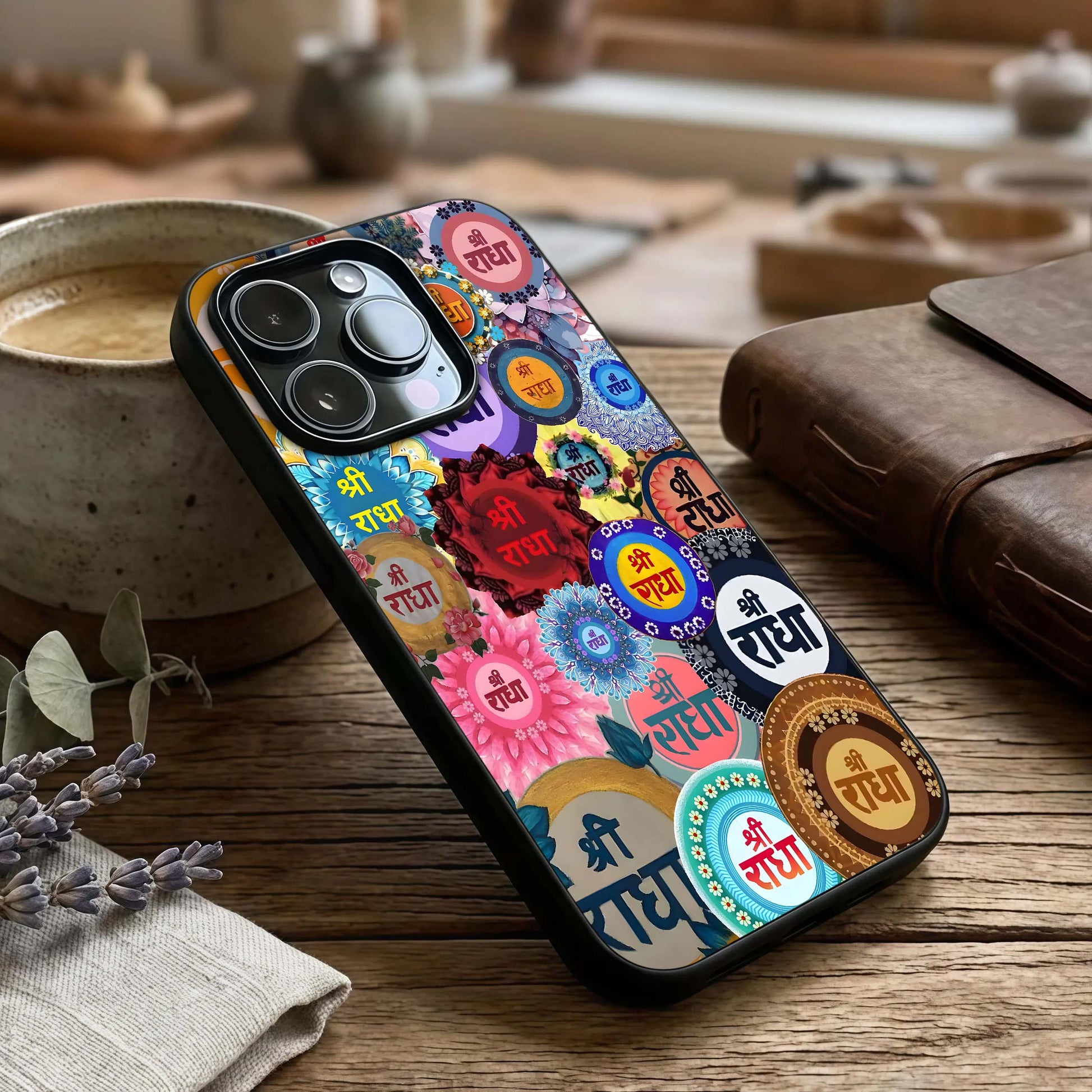 Radha Divine Bloom Glass Case captured at a warm angle highlighting devotional details, gloss, and edge clarity.