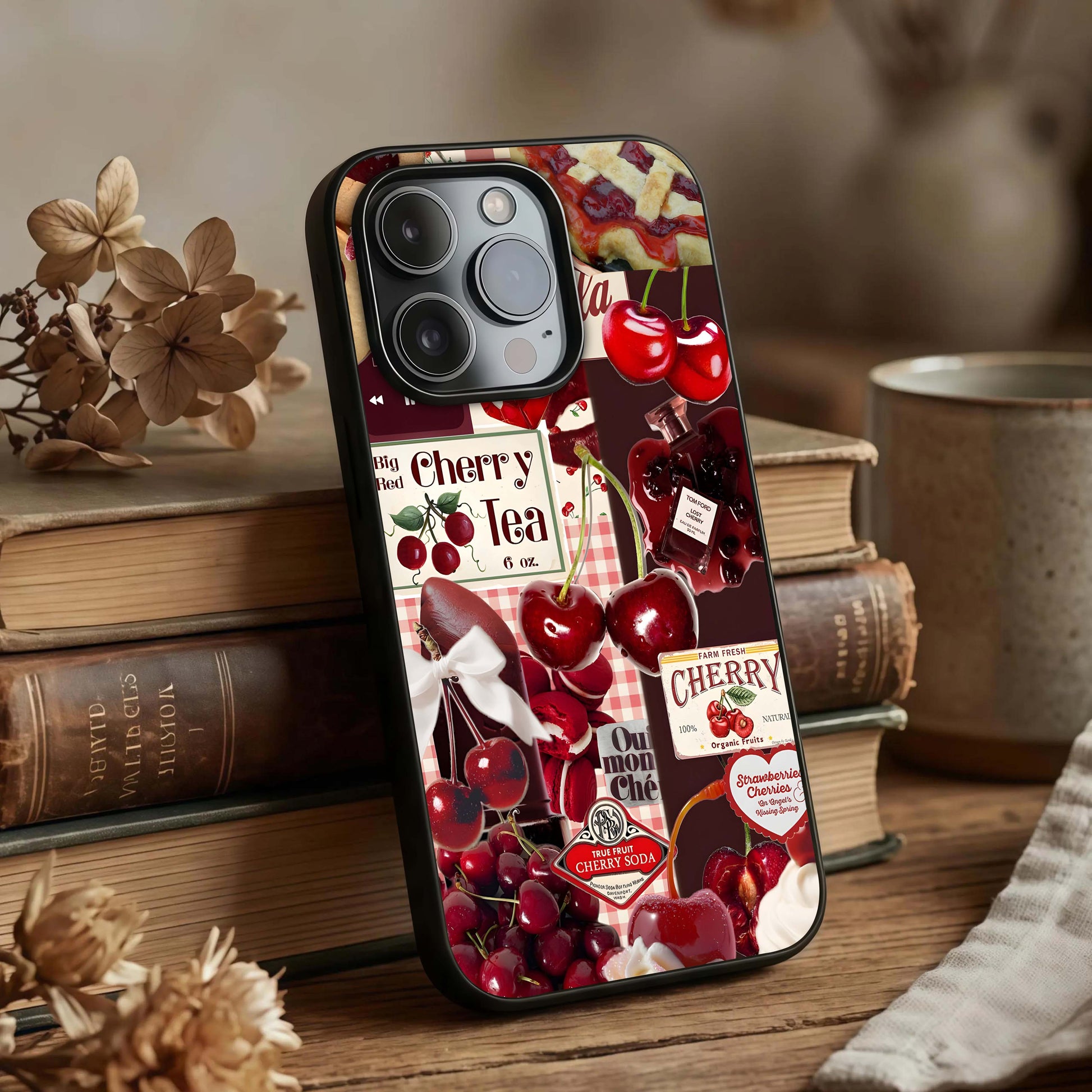 Aesthetic Cherry Tea Glass Case displayed upright for full-design visibility with a calm aesthetic and premium finish.