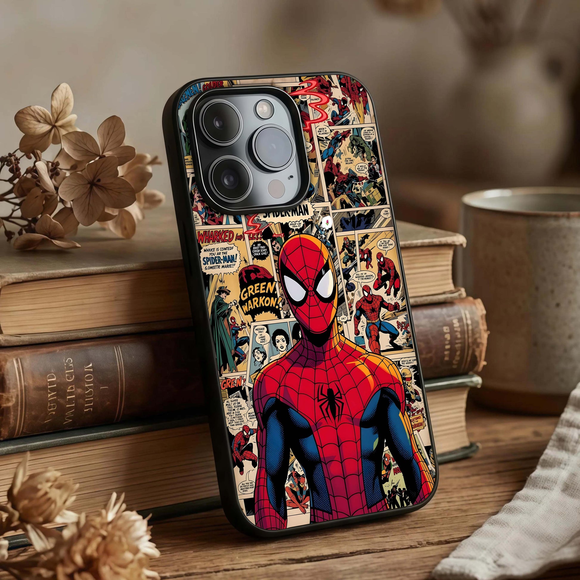 Aesthetic Spider Glass Case displayed upright for bold character-inspired design and premium finish.