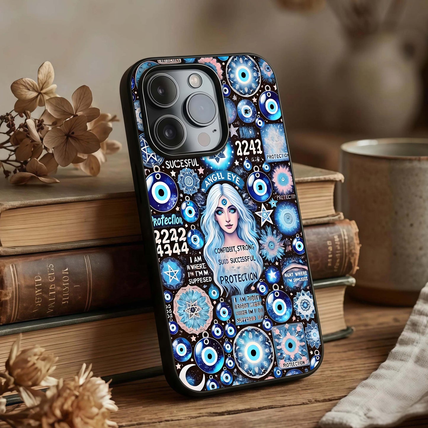 Angel Aura Shield Glass Case displayed upright for centered aura design and premium finish.