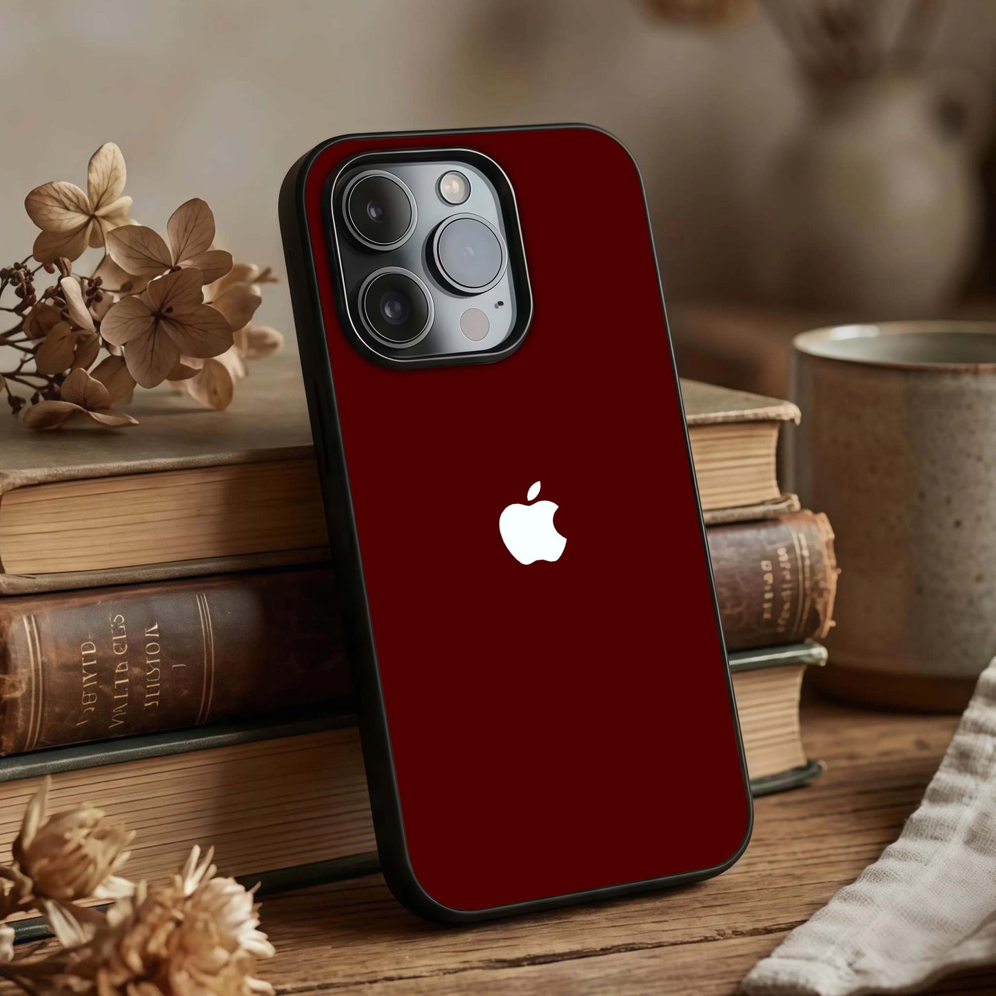 Apple Crimson Core Glass Case displayed upright for strong core design presence and premium finish.