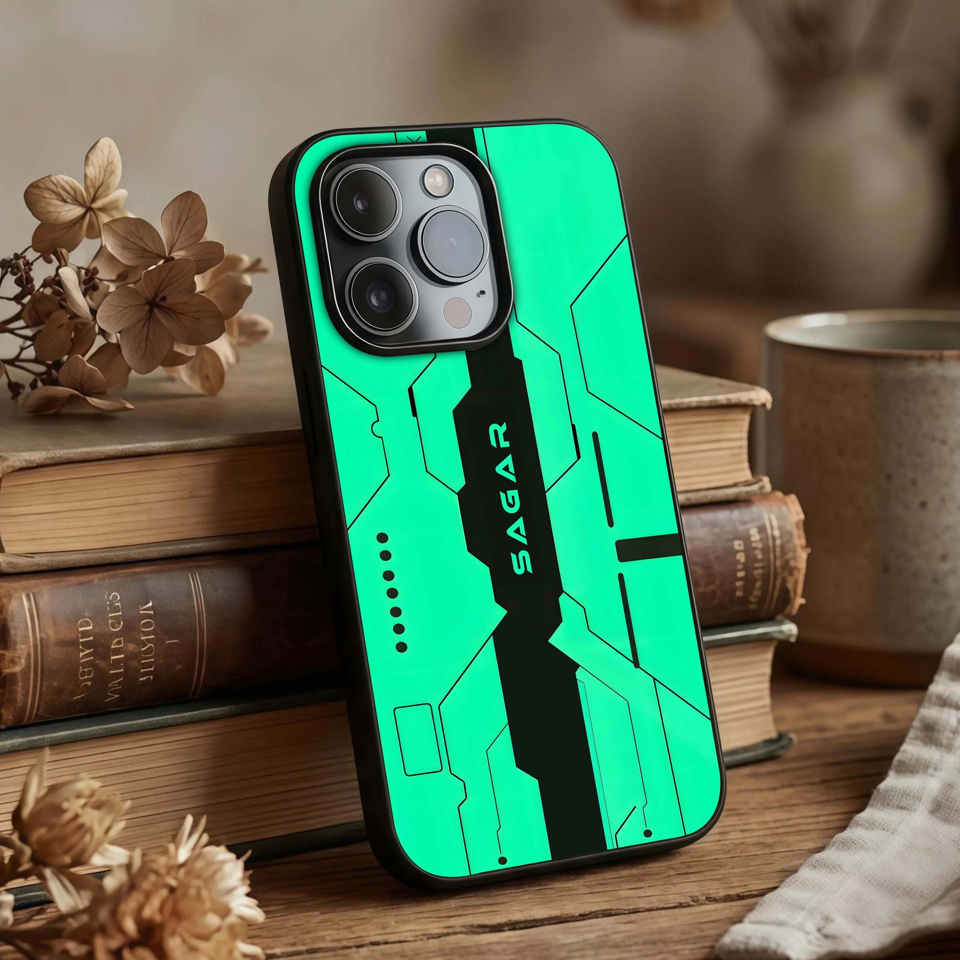 Aqua Tech CYBERPUNK Custom Name Glass Case displayed upright for bold tech-inspired design visibility and premium finish.