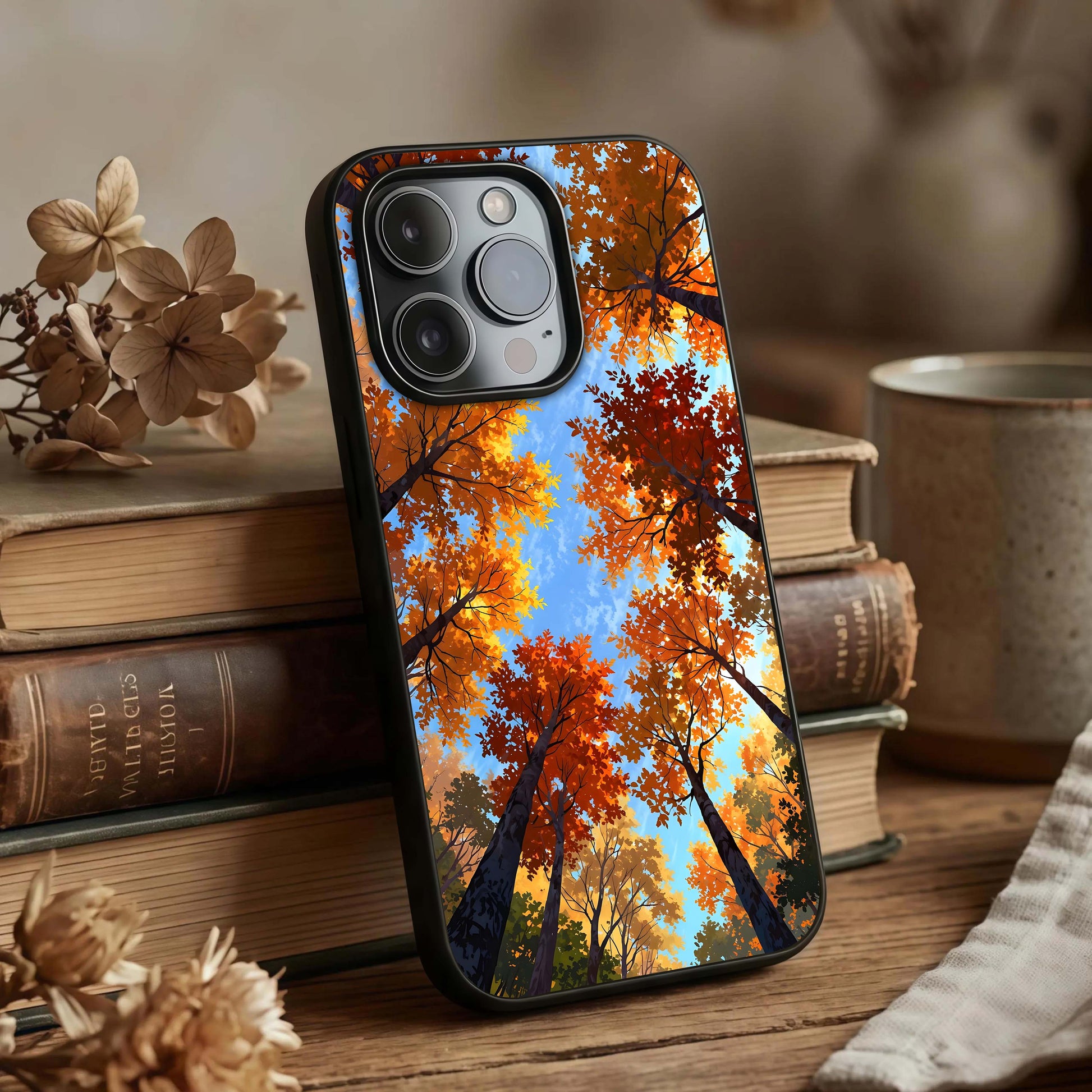 Autumn Sky Rise Glass Case displayed upright for expansive sky-tone visibility and premium finish.