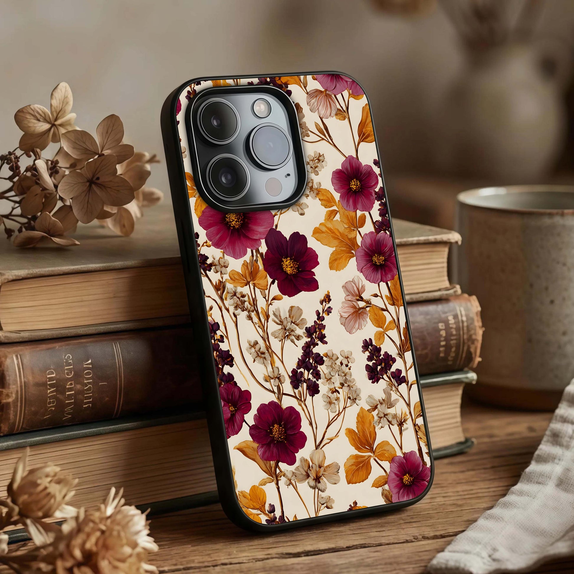 Autumn Wine Bloom Glass Case displayed upright for elegant floral visibility and premium finish.