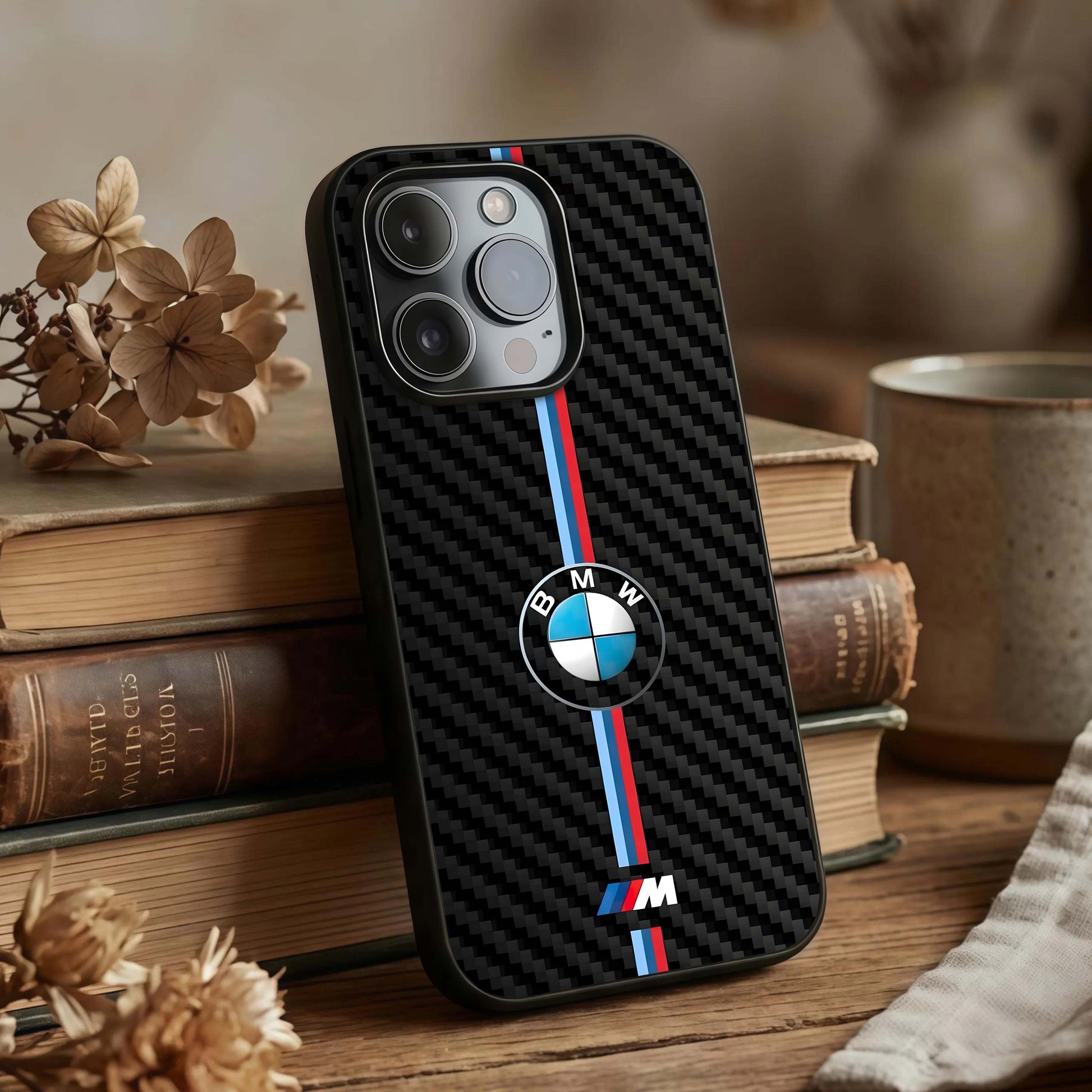 BMW Pattern Glass Case displayed upright for full pattern visibility and premium finish.