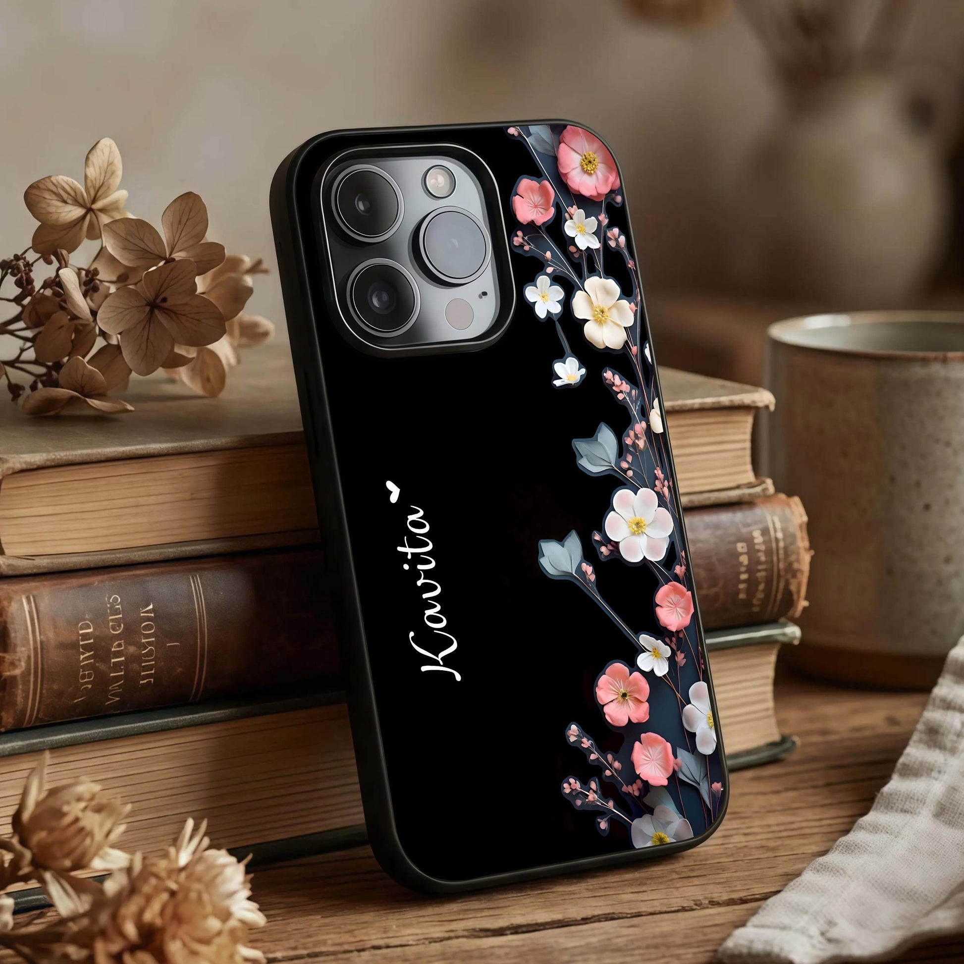 Black Elegance Floral Custom Name Glass Case displayed upright for elegant custom-name visibility and premium finish.