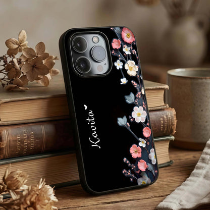 Black Elegance Floral Custom Name Glass Case displayed upright for elegant custom-name visibility and premium finish.