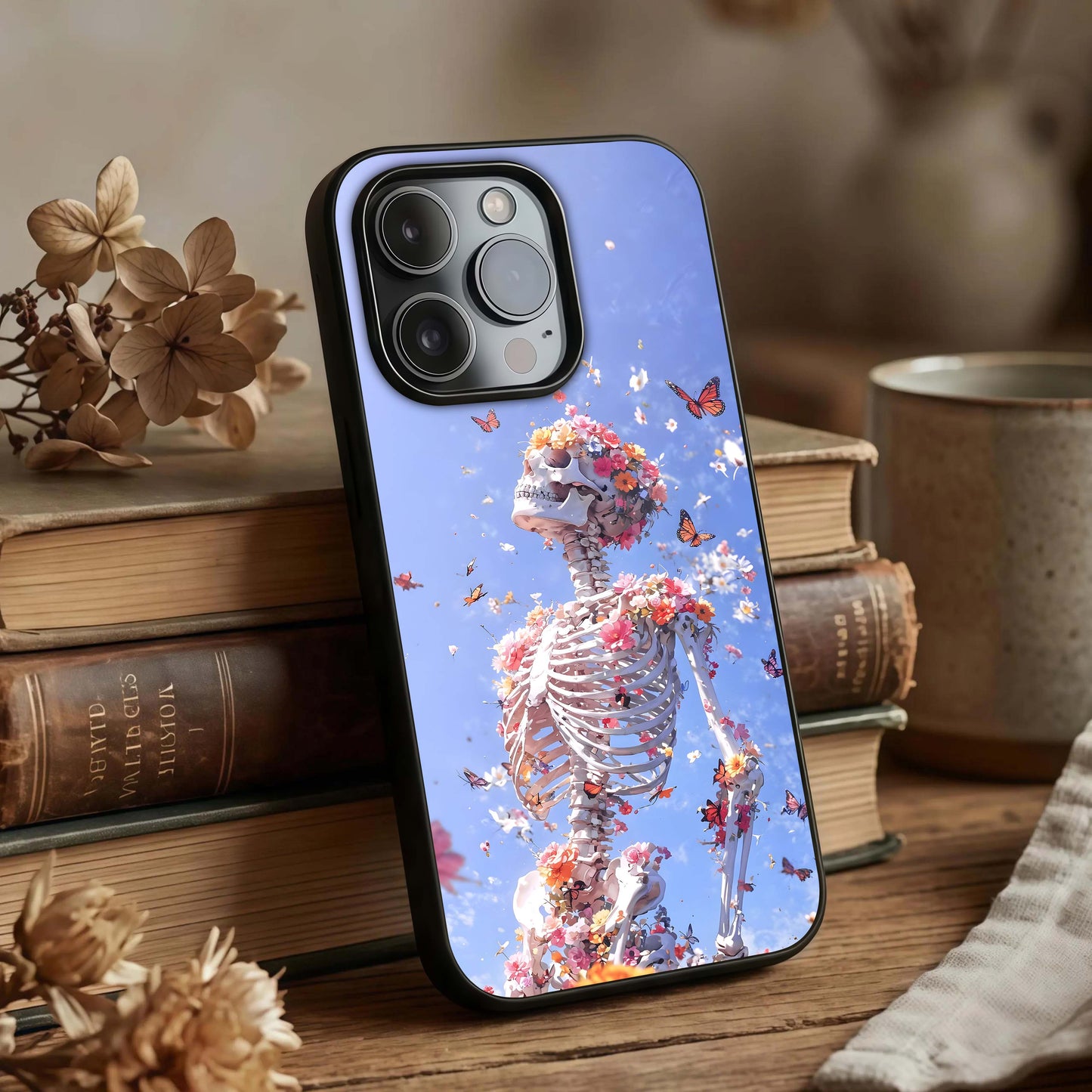 Bloom Beyond Bones Glass Case displayed upright for expressive design visibility and premium finish.