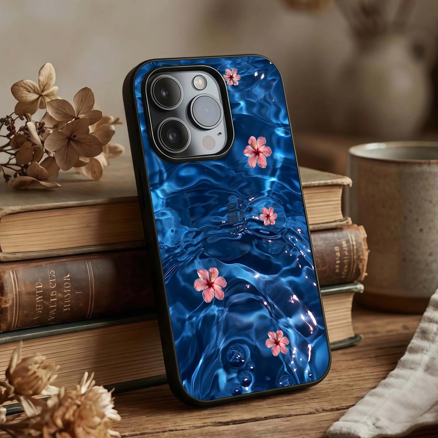 Blooming Water Drift Glass Case displayed upright for smooth design visibility and premium finish.