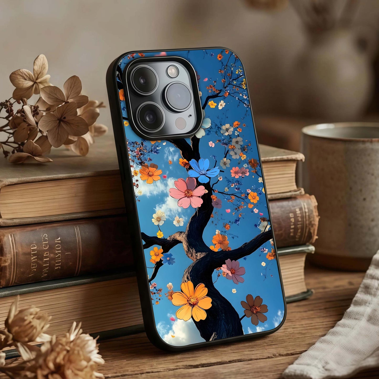 Blossom Dream Sky Glass Case displayed upright for dreamy design visibility and premium finish.