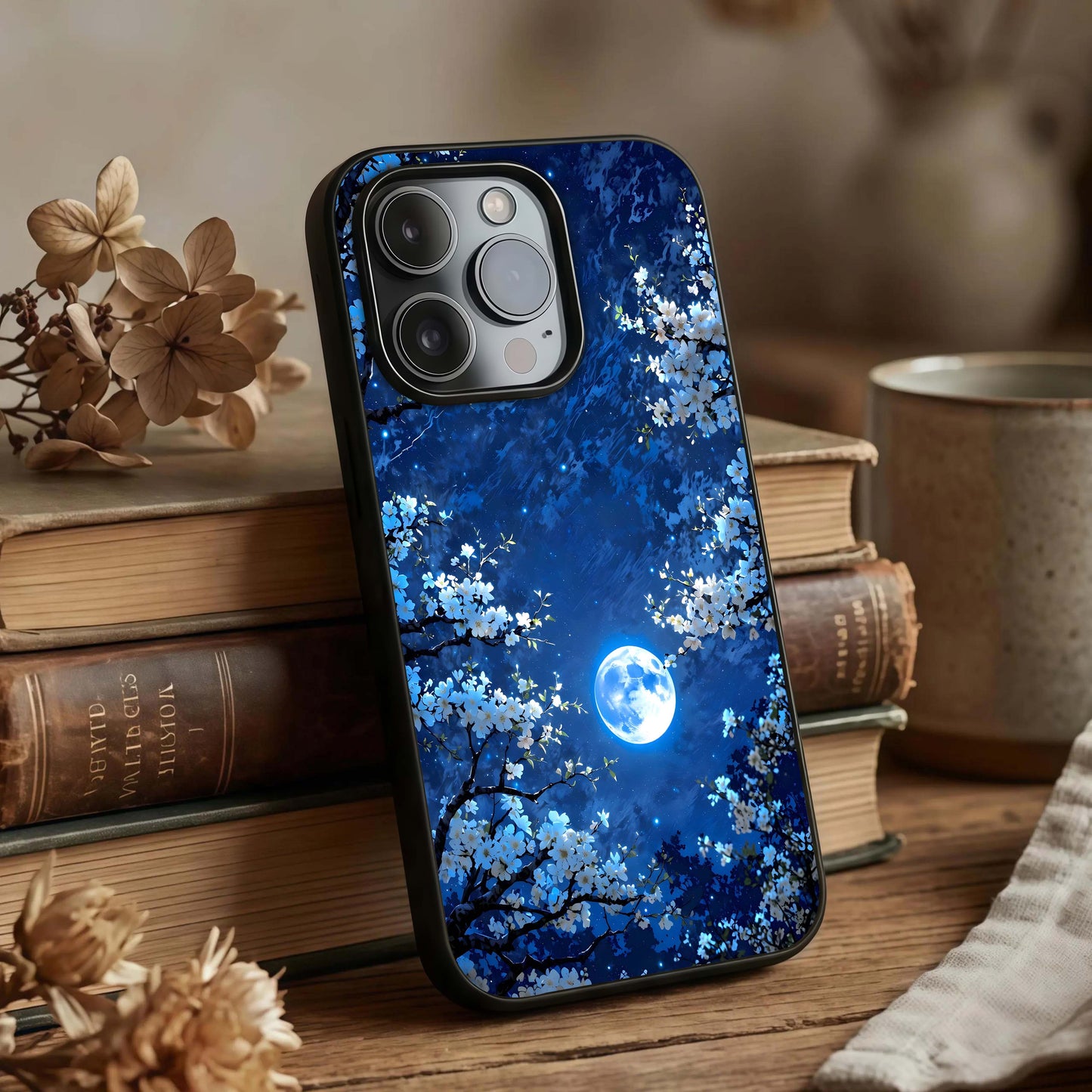 Blossom Moonlight Sky Glass Case displayed upright for serene design visibility and premium finish.