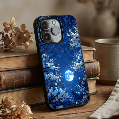Blossom Moonlight Sky Glass Case displayed upright for serene design visibility and premium finish.