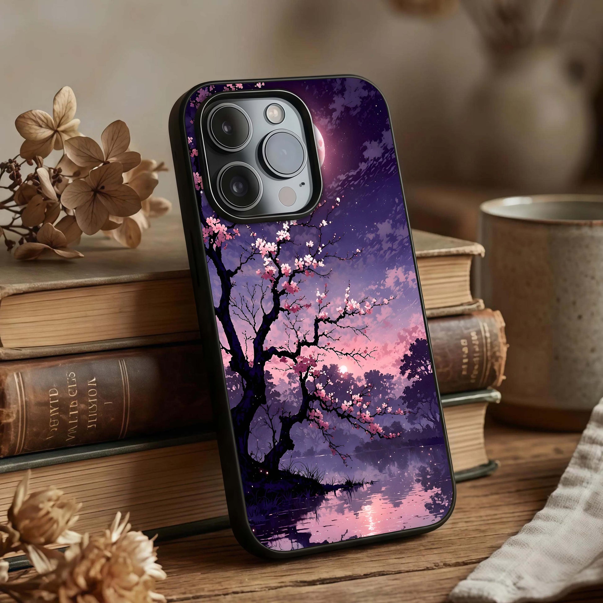 Blossom Pink Moon Glass Case displayed upright for gentle design visibility and premium finish.
