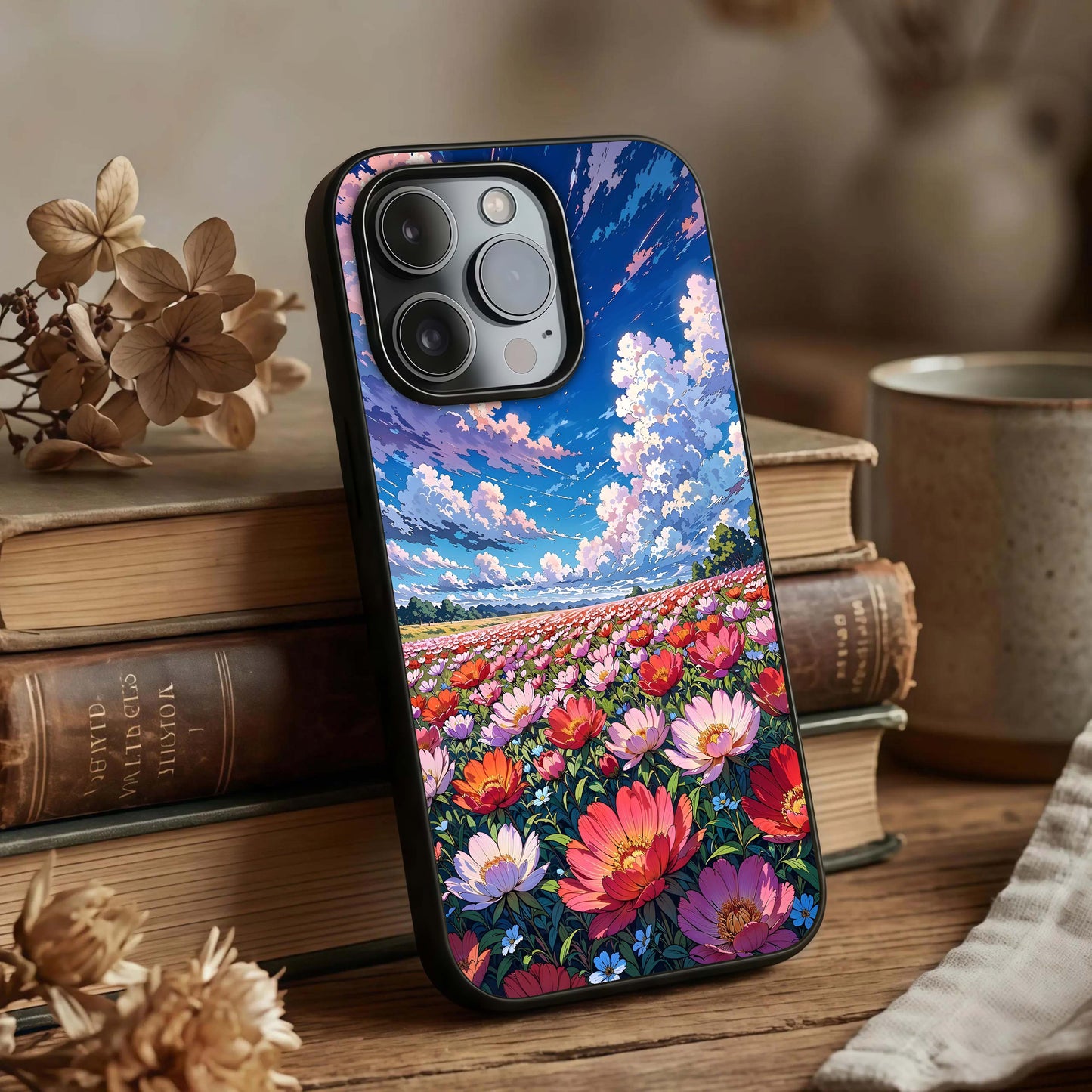 Blossom Sky Field Glass Case displayed upright for wide design visibility and premium finish.