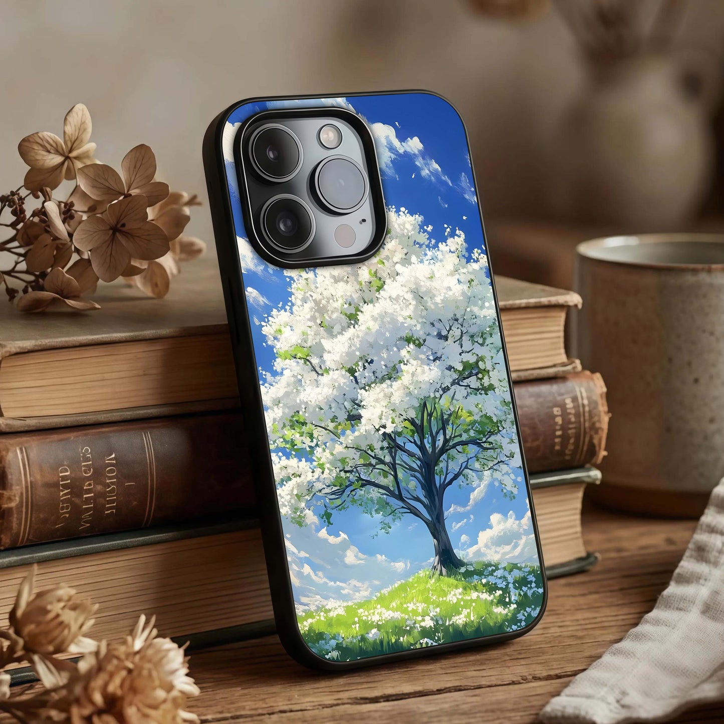 Blossom Sky Serenity Glass Case displayed upright for peaceful design visibility and premium finish.