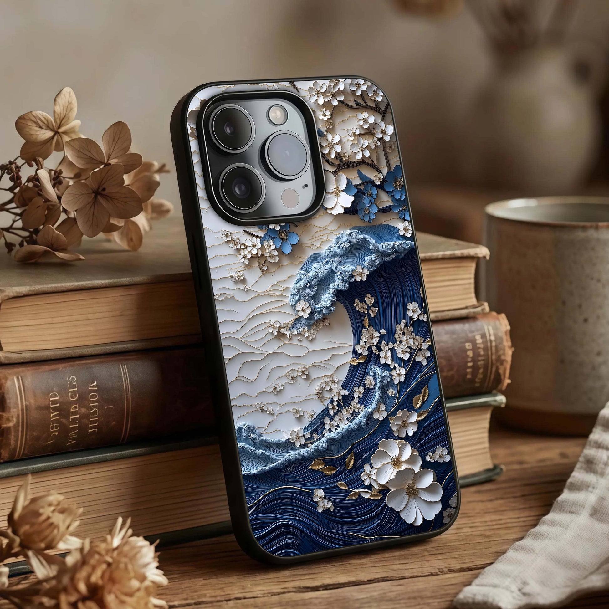 Blossom Wave Art Glass Case displayed upright for artistic wave visibility and premium finish.
