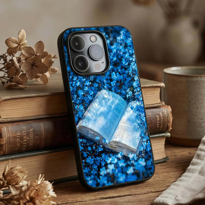 Blue Bloom Tales Glass Case displayed upright for calm floral visibility and premium finish.