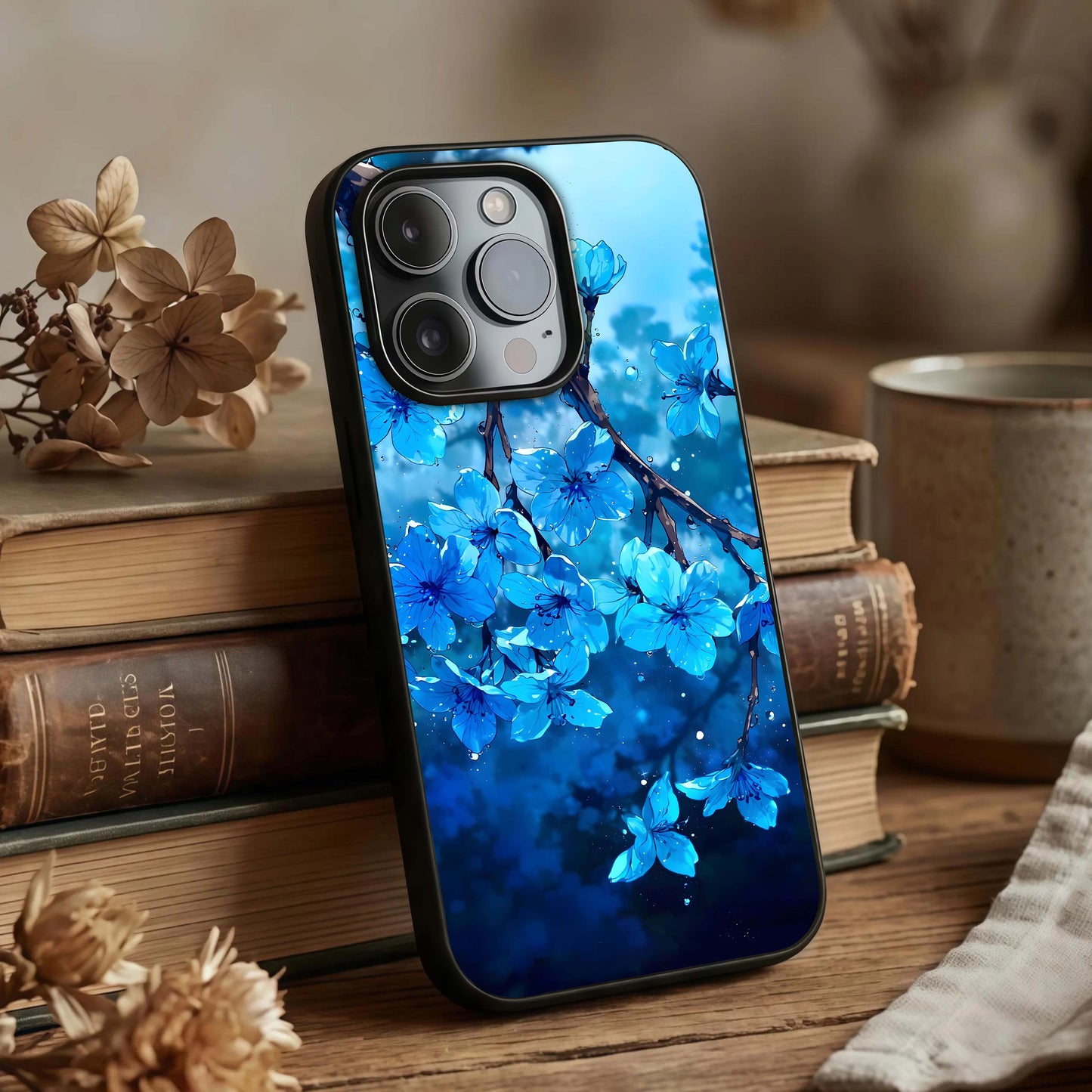 Blue Blossoms Branch Glass Case displayed upright for refined floral visibility and premium finish.