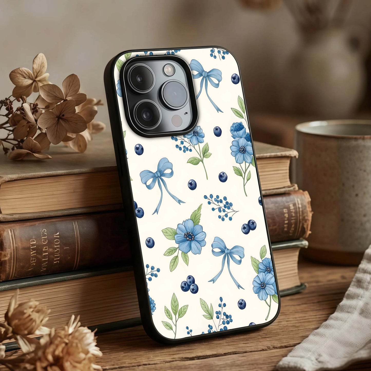 Blue Flower & Bow Glass Case displayed upright for cute design visibility and premium finish.
